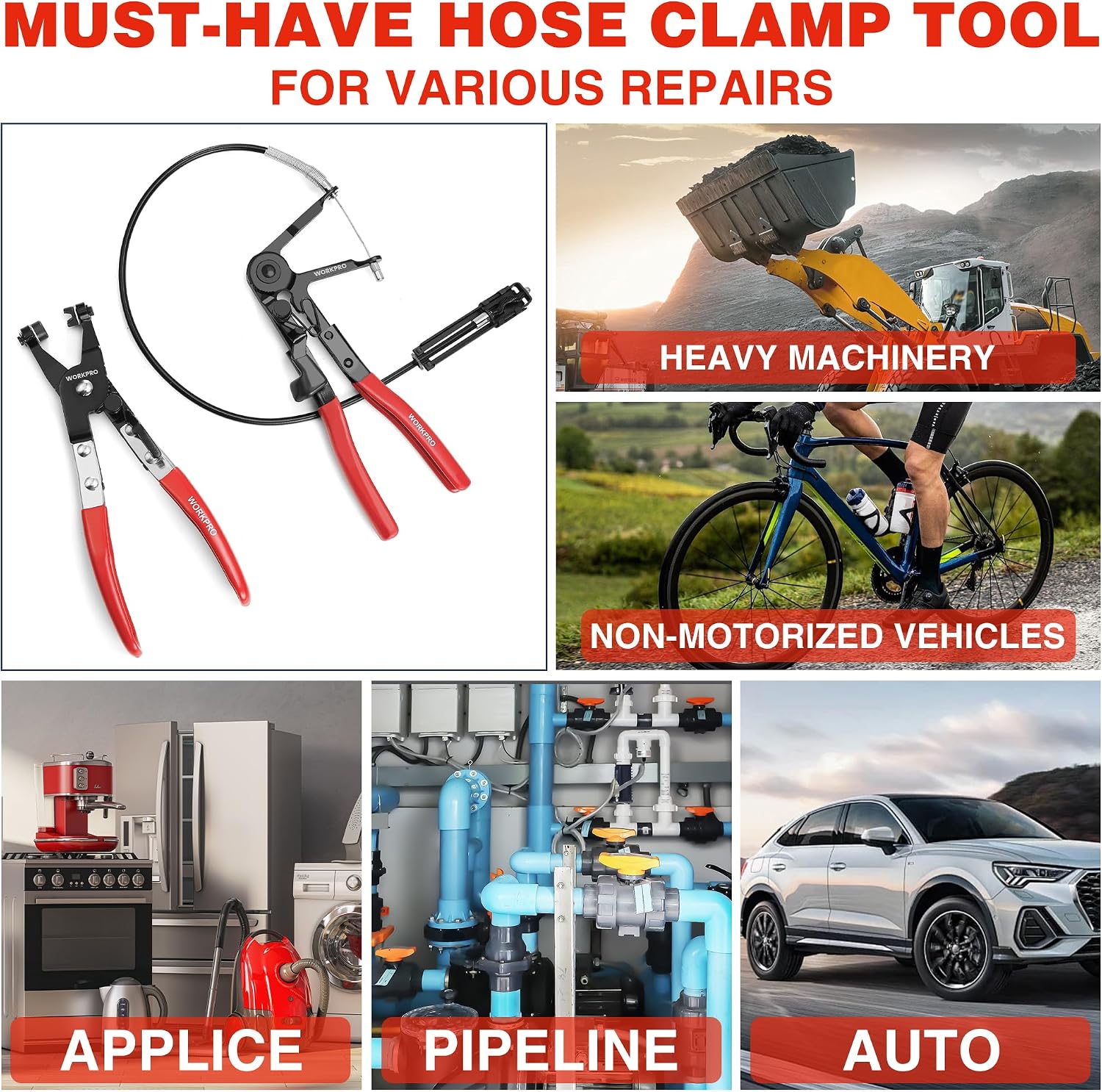 Hose clamp pliers set with two tools and a flexible cable loop accessory