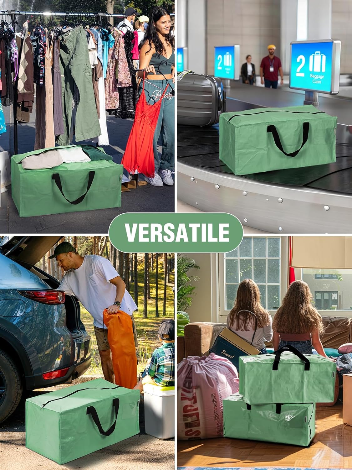 Green storage tote with black handles on vehicle and next to other bags