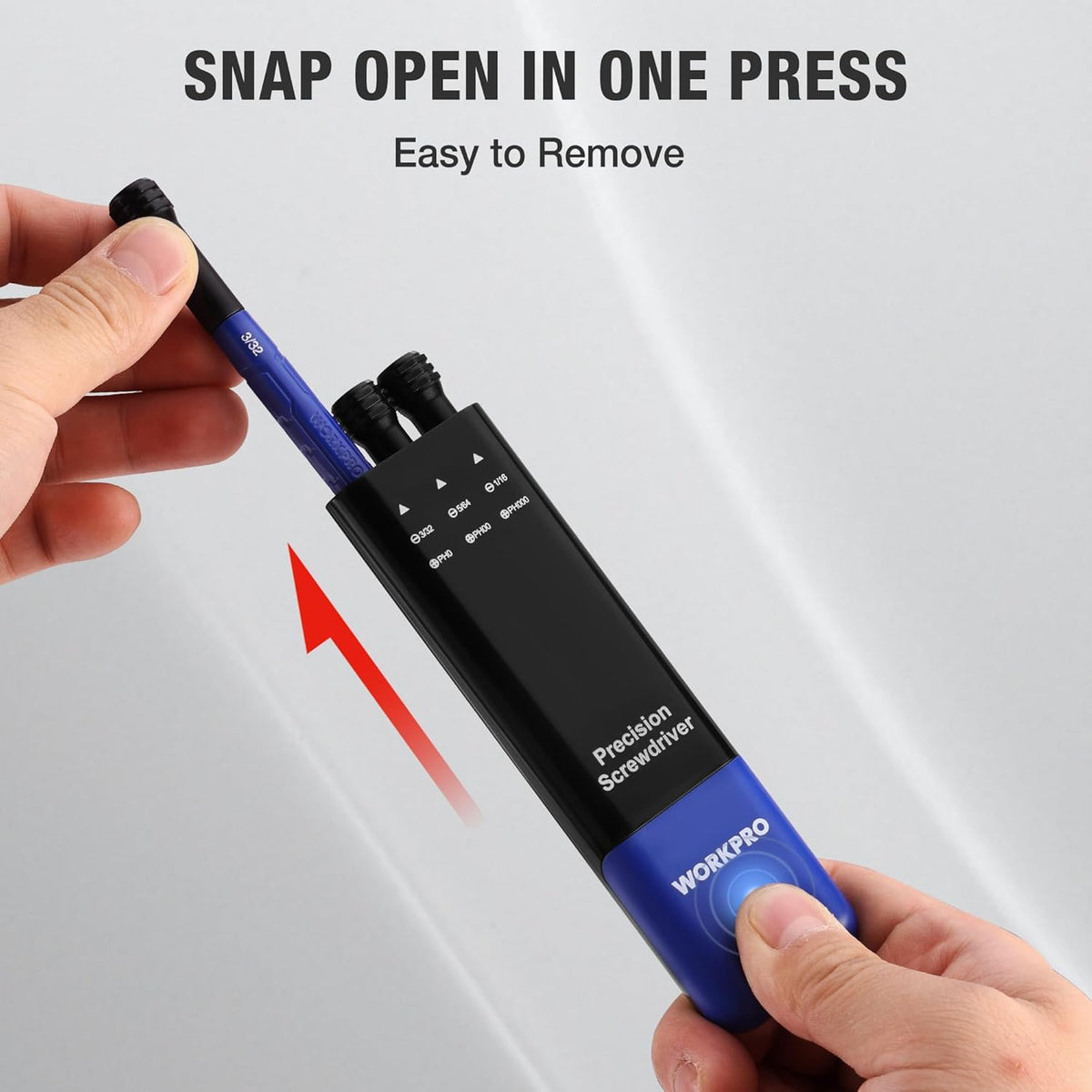 Precision screwdriver set with blue handle held in hand, snap-open black case
