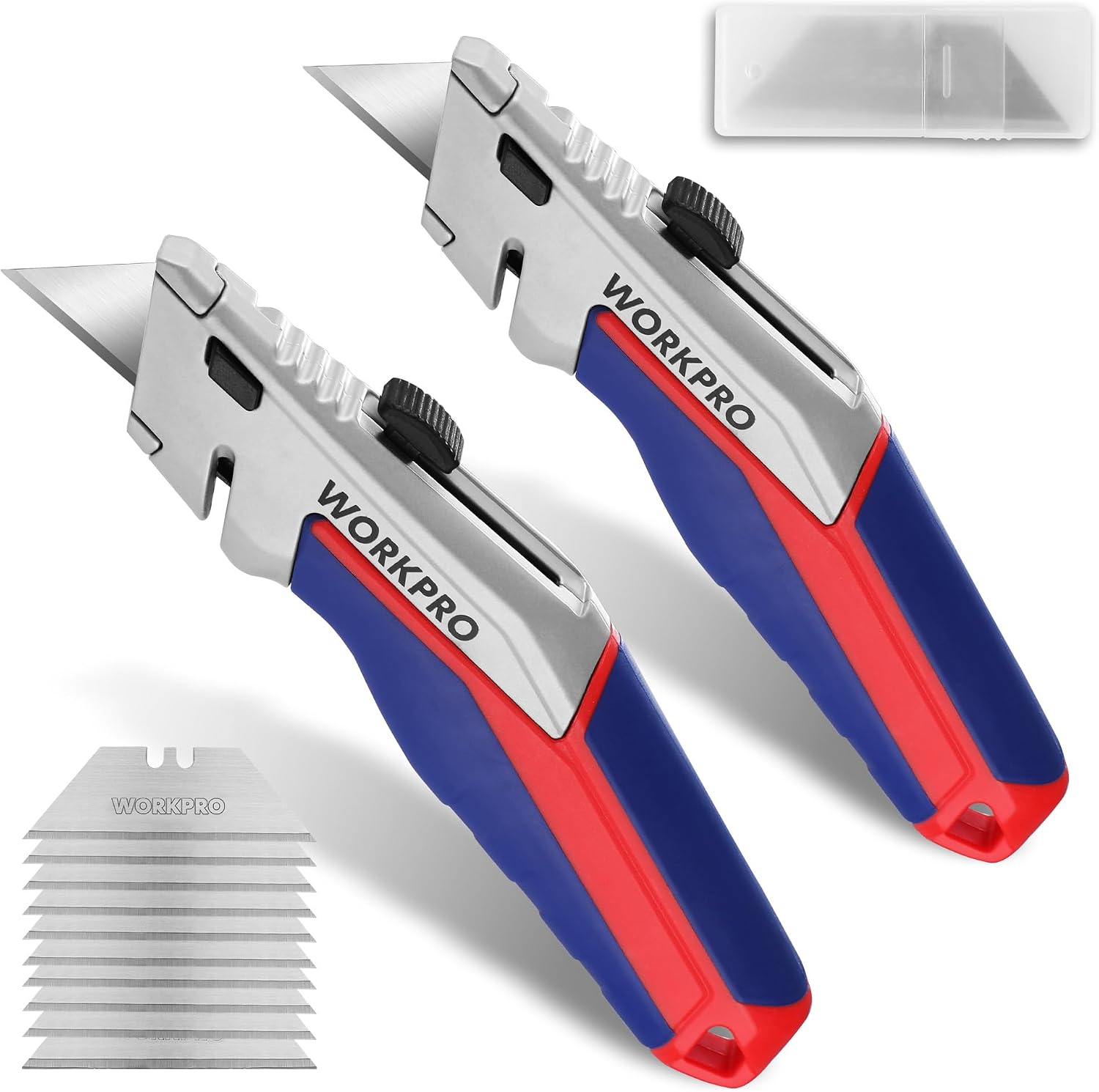 Two-pack retractable utility knives with silver blades and blue-red comfort handles.