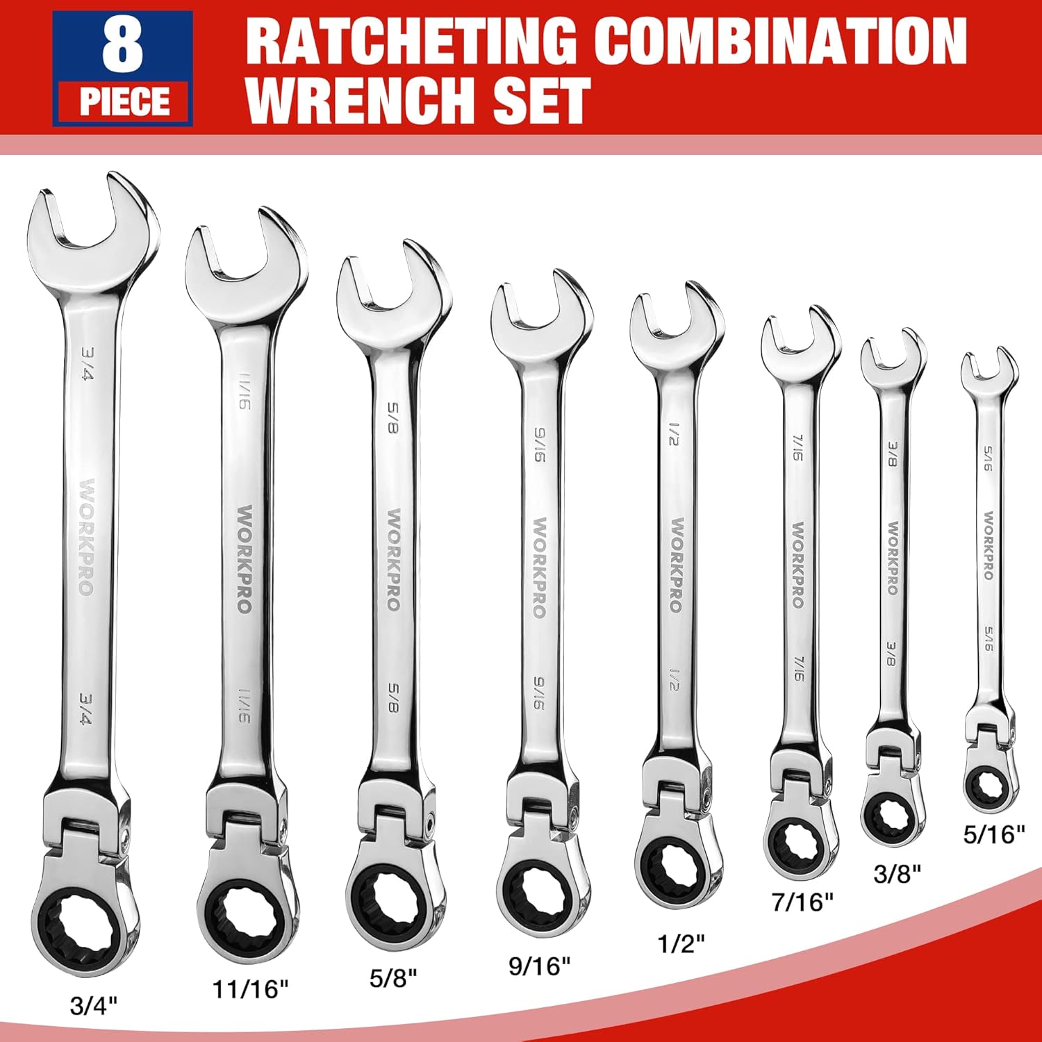 8-piece ratcheting combination wrench set with metric sizes for hex bolts