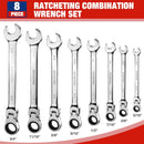 WORKPRO Ratcheting Combination Wrench Set, 8-piece Flex-Head Anti-Slip Set Metric 8-17 mm, 72-Teeth, Cr-V Constructed, Black Electrophoretic Coating with Rolling Pouch