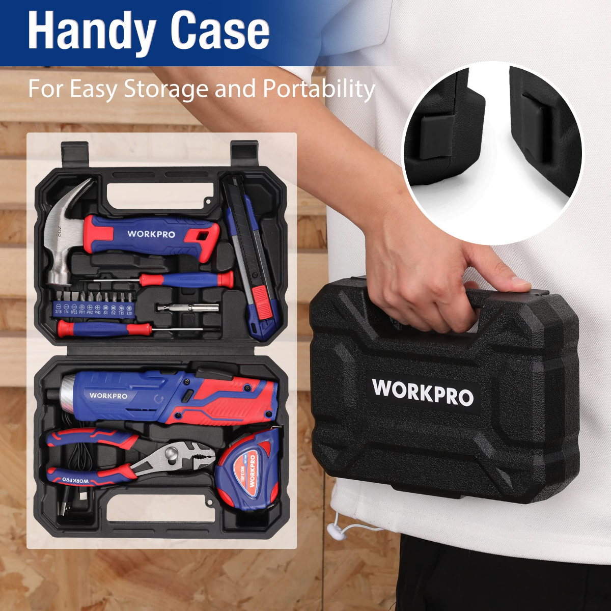 WORKPRO hard case carrying tool kit with molded foam slots and blue/red drivers