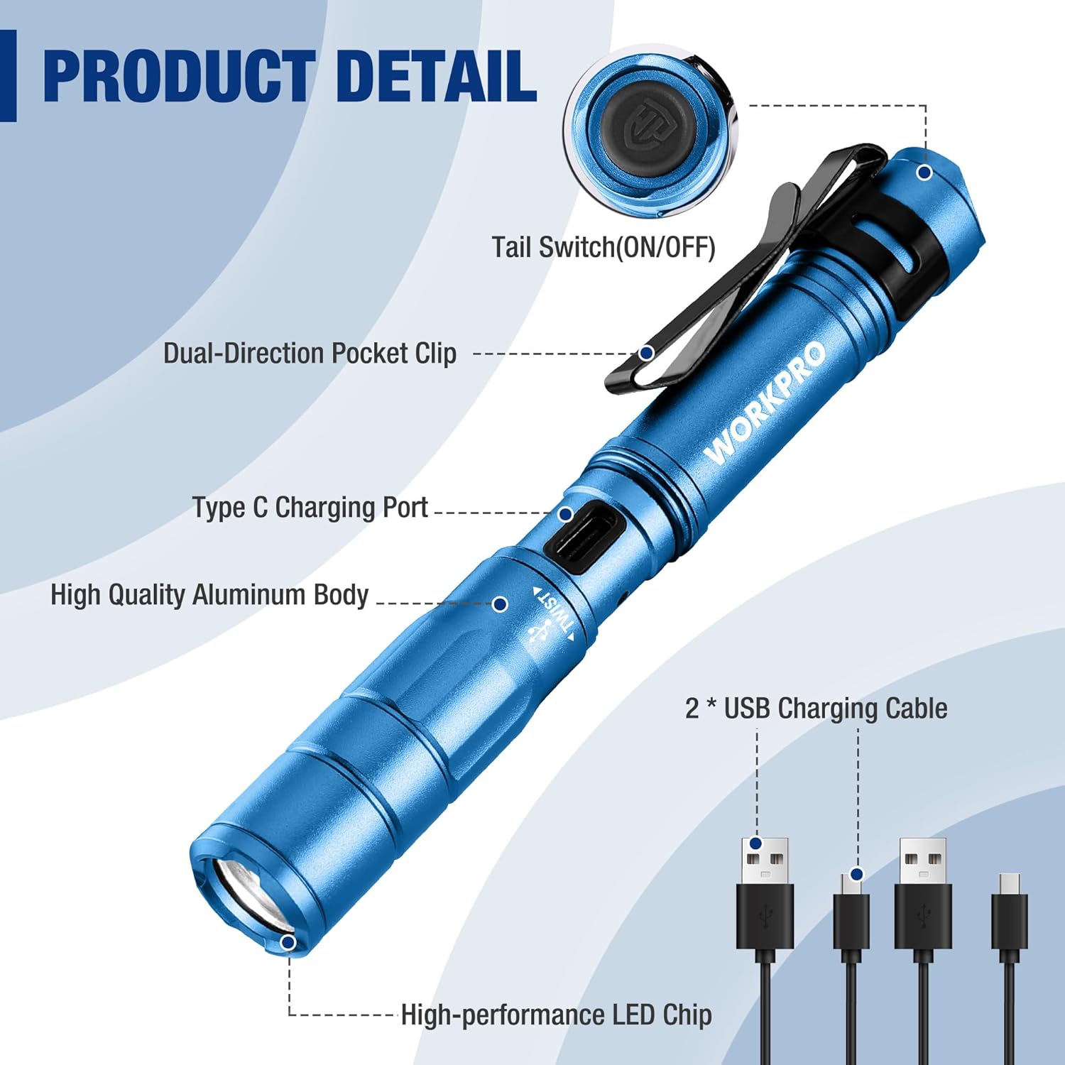 Blue mini rechargeable pen light with pocket clip, USB-C port, and 2 included cables.