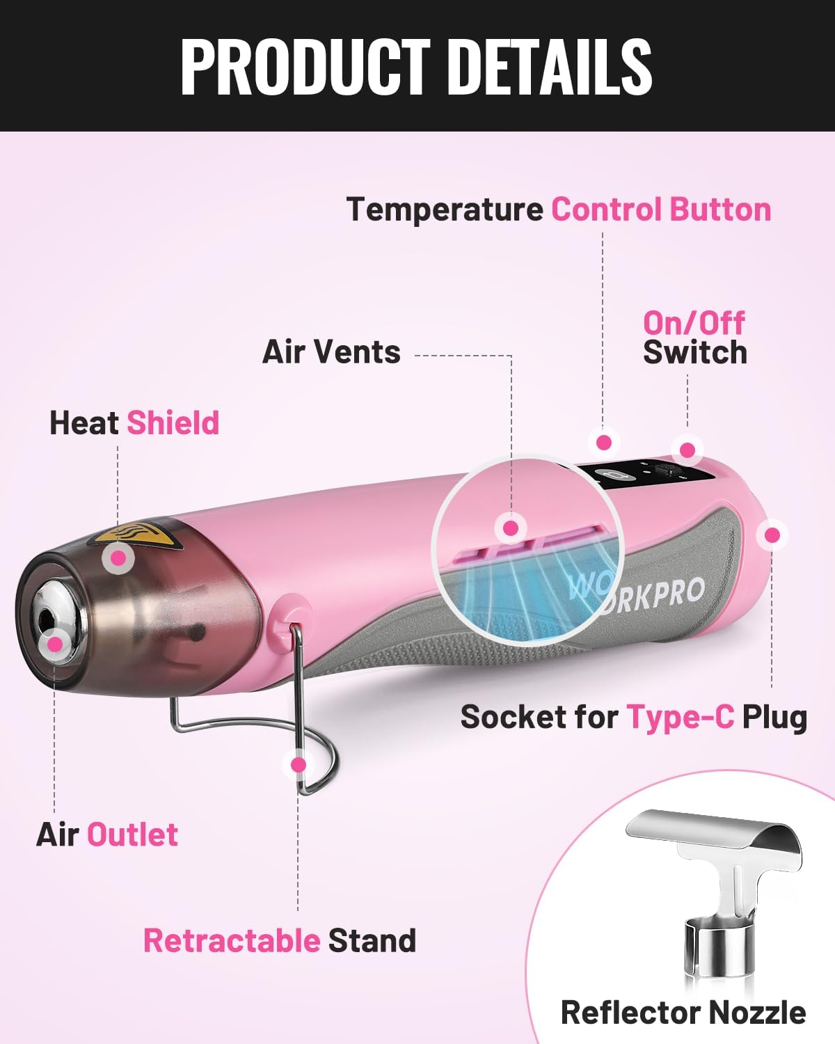 Pink mini cordless heat gun with temperature buttons, vents, and reflector nozzle