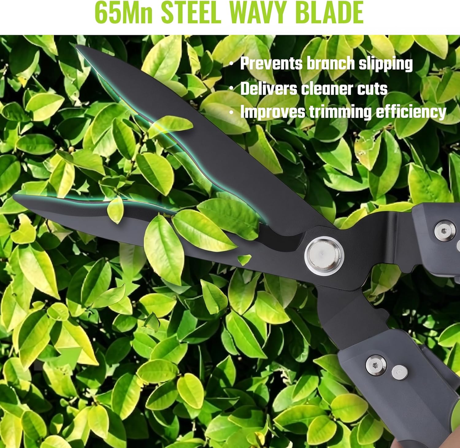 Hedge shears cutting through dense green leaves with black wavy blade