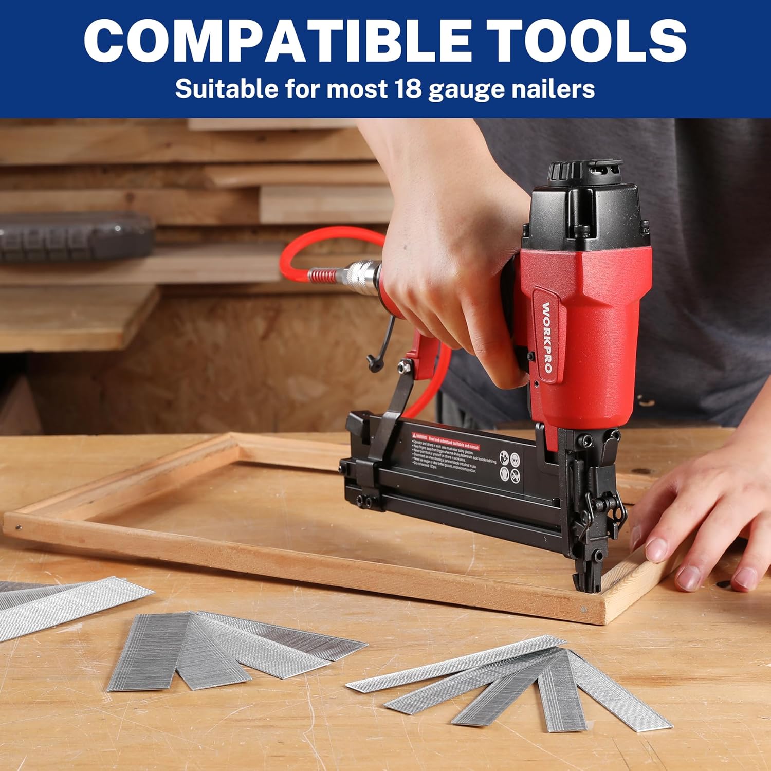 18-gauge brad nails compatible with nail guns, shown with a red pneumatic nailer