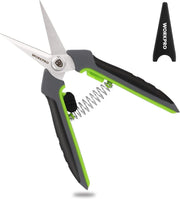Pruning shears with straight stainless blades, green-and-black handle and blade cap
