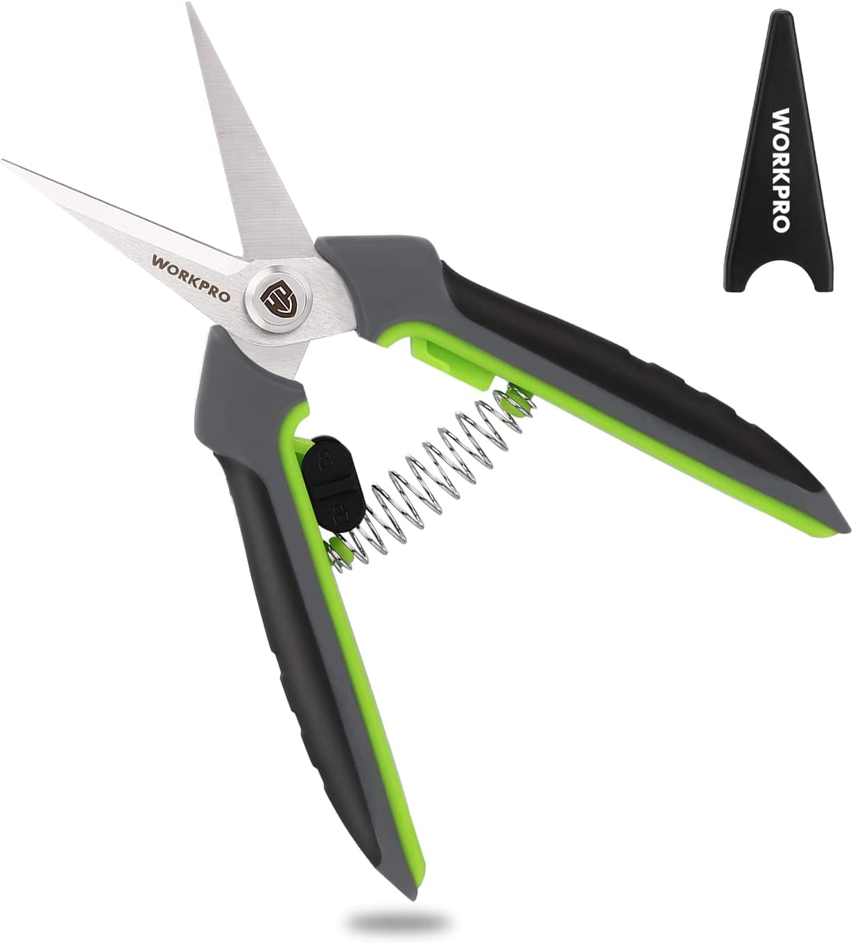 Pruning shears with straight stainless blades, green-and-black handle and blade cap