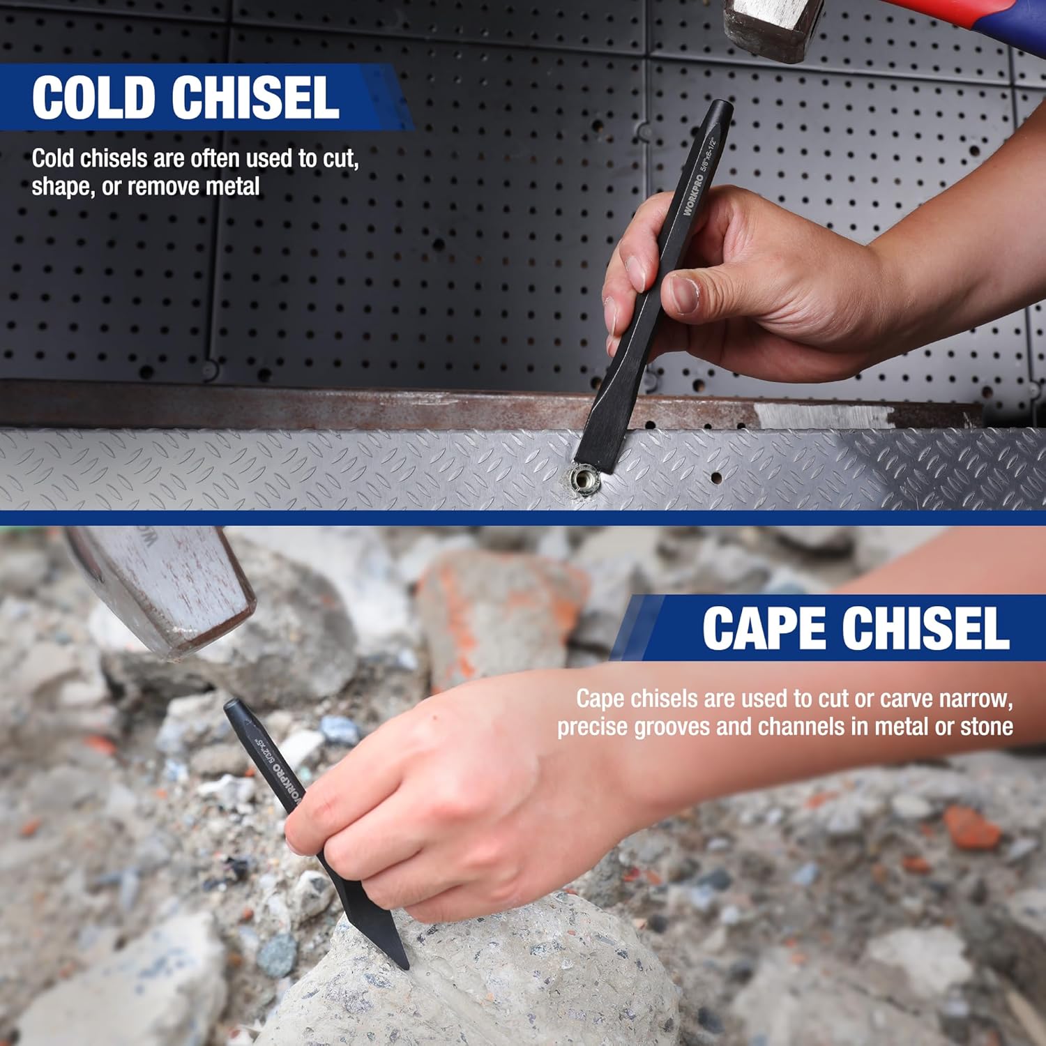 Cold chisel tool with blue handle held against metal work surface by a hand.