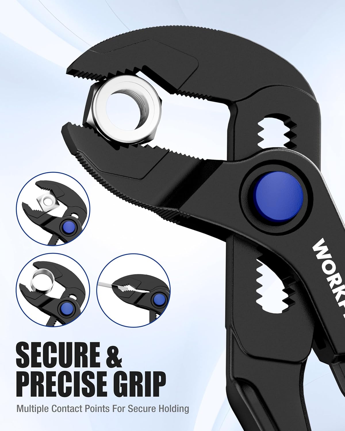WORKPRO slip-joint water pump pliers with blue pivot knob and serrated jaws