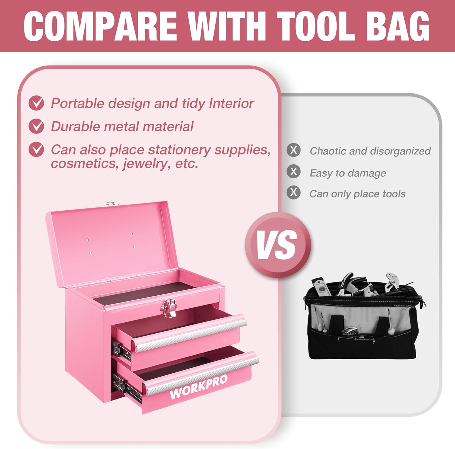 Pink mini tool chest with open lid and drawers for tidy storage