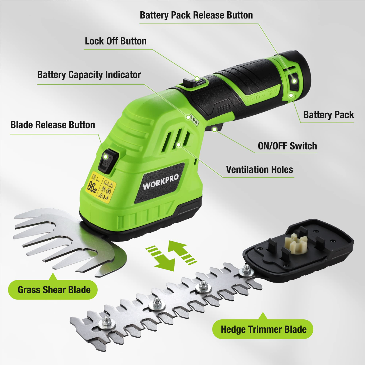 Cordless hedge trimmer with blade release button and on/off switch, lime green and black