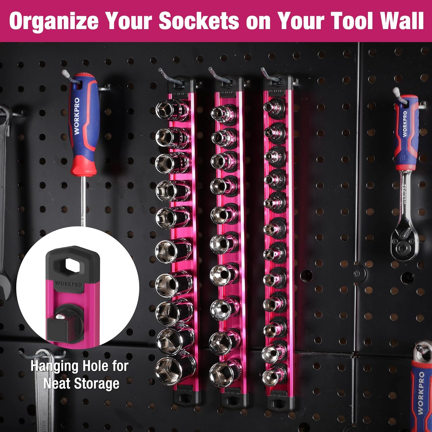 Rose red magnetic socket rail with black clips mounted on a pegboard tool wall