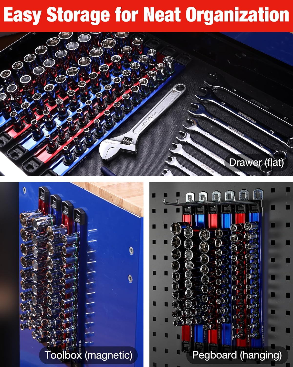 Magnetic socket organizer rail for toolbox drawer and pegboard-style hanging storage