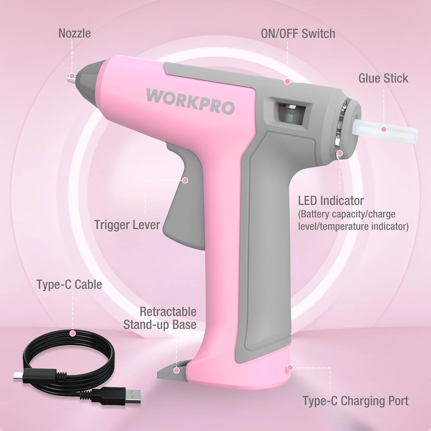 WORKPRO pink cordless mini glue gun, Type-C charging port, retractable stand-up base