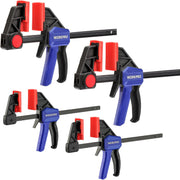 WORKPRO mini bar clamps set with blue handles, black frames, and red release pads