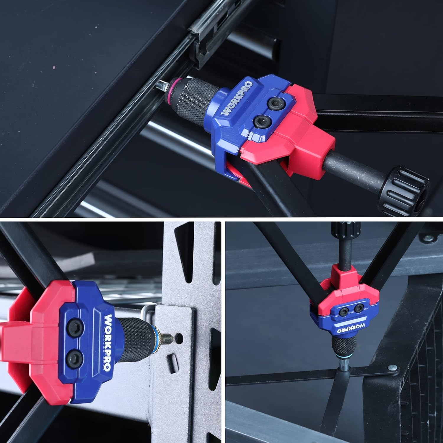 Rivet nut tool installing hardware on a metal panel in a narrow slot
