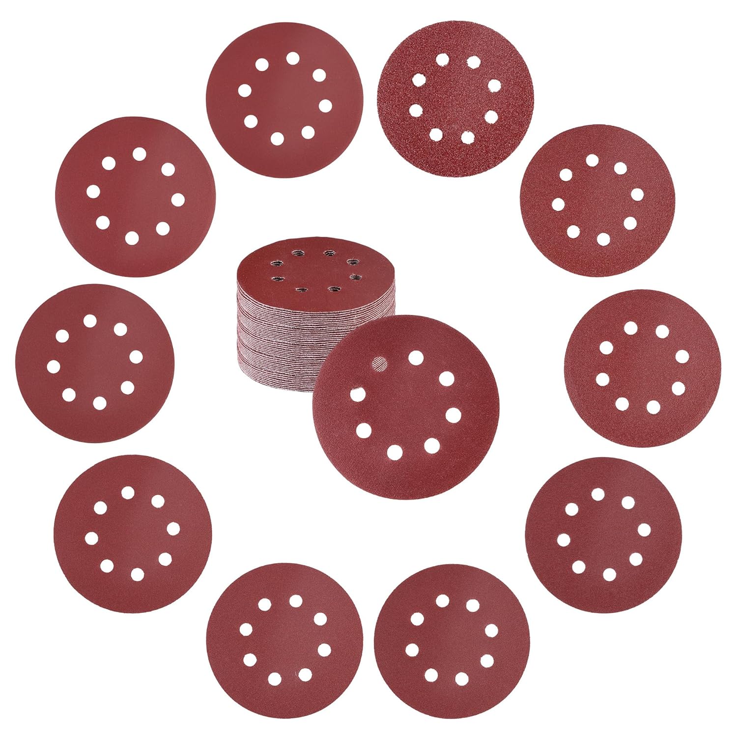 Set of round 8-hole sanding discs in red, shown stacked and spread out