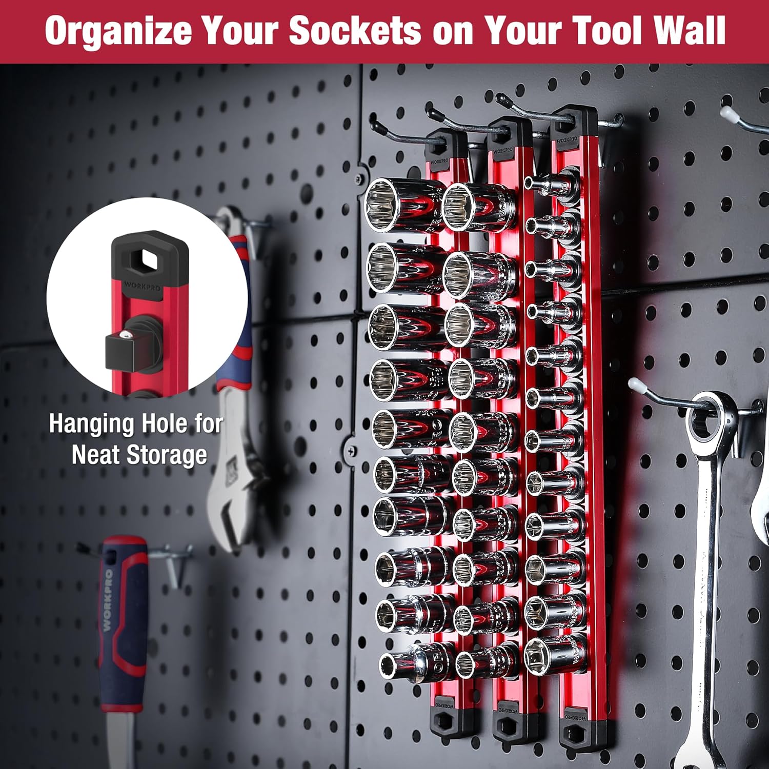 Red magnetic socket rail mounted on a pegboard, holding multiple rows of chrome sockets