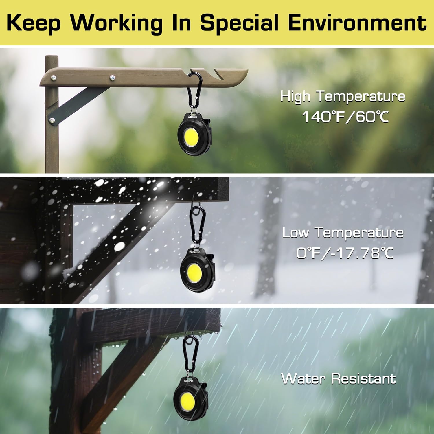 Black keychain flashlight hanging from a clip with yellow COB lens