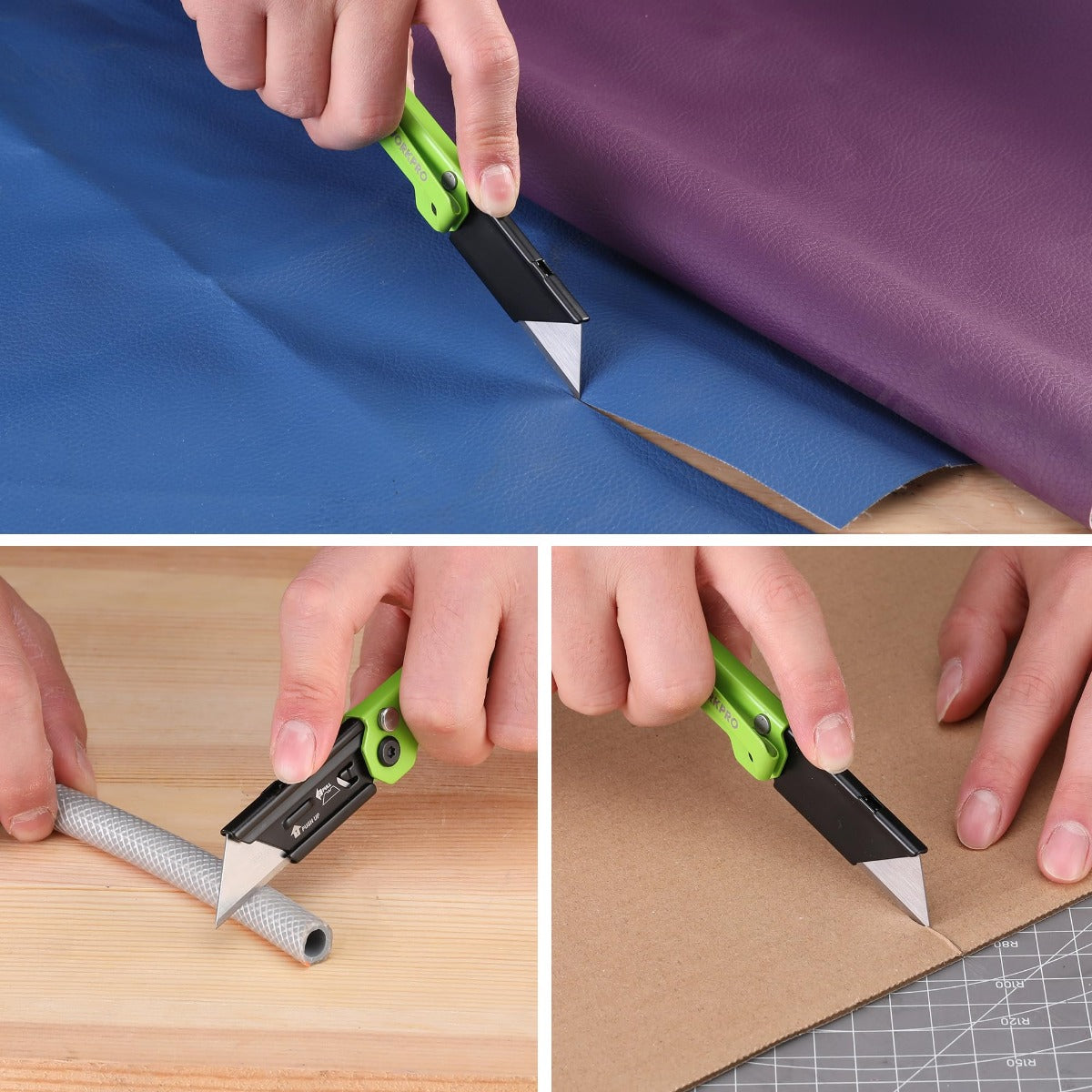 Green folding utility knife with blade extended cutting cardboard