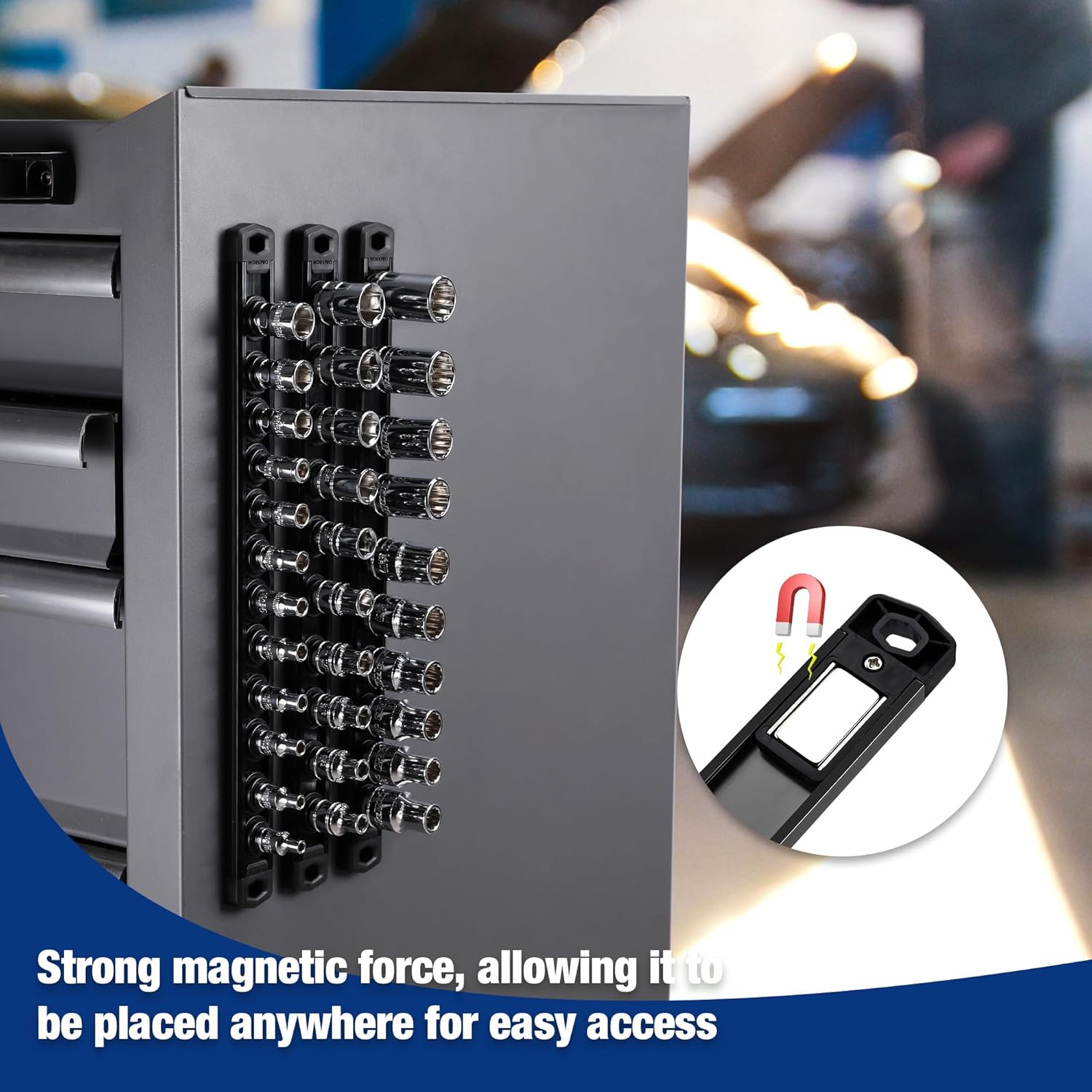 Black magnetic socket rail with 1/4-inch drive socket holders, close-up