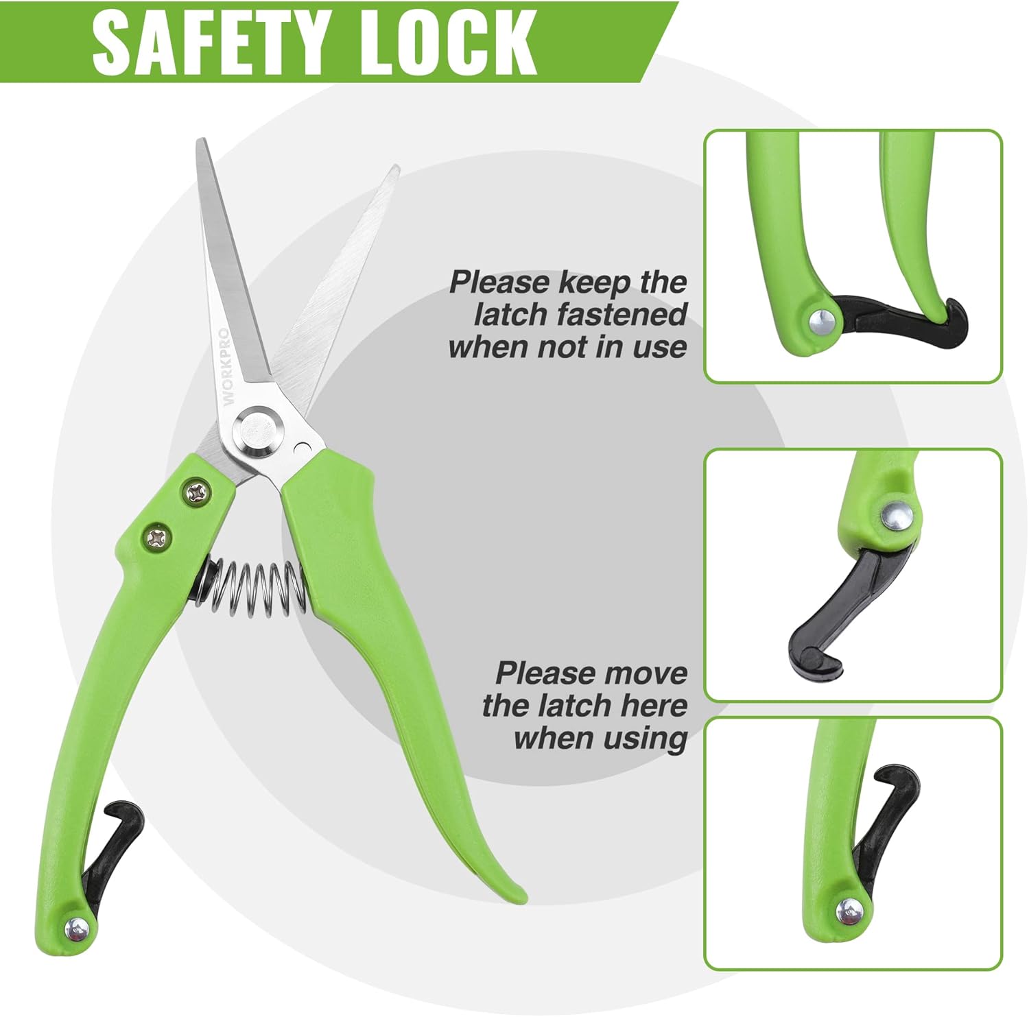 Green pruning shears with safety lock latch and spring handle, shown with use positions