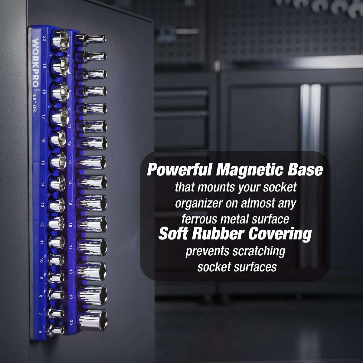 Blue organizer bar holding chrome metric sockets in a row with black socket tips