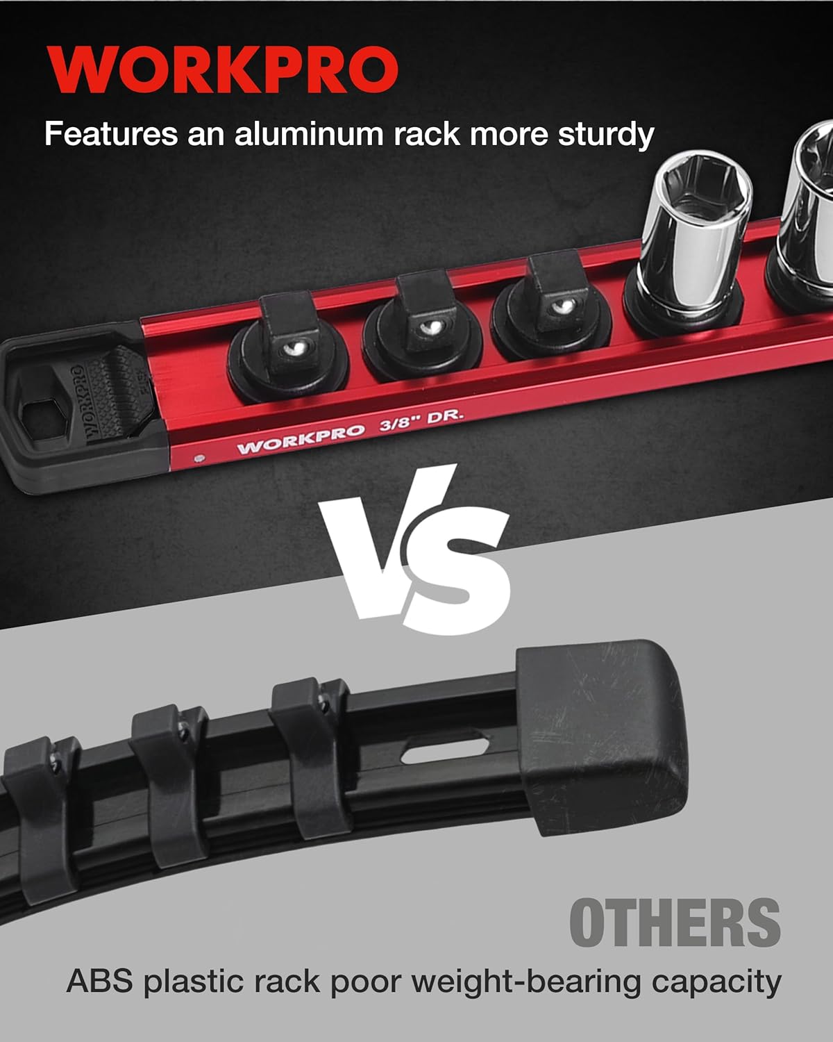 Aluminum socket holder rack with black base and 3/8 in drive markings