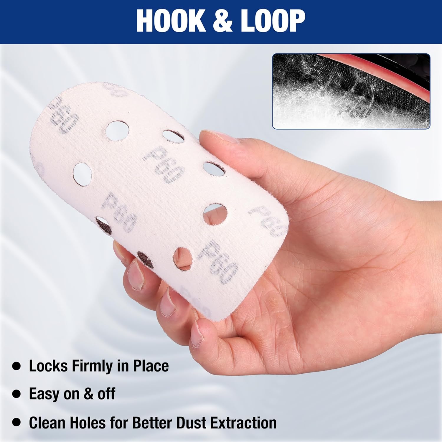 WORKPRO 60-grit hook-and-loop sanding discs, pale backing, 8 holes, held in hand