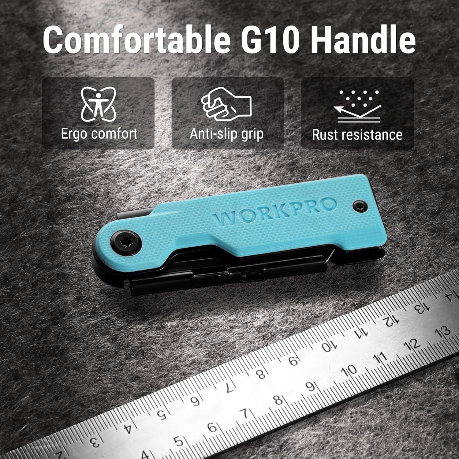 Blue folding utility knife with black blade, G10-style handle and belt clip