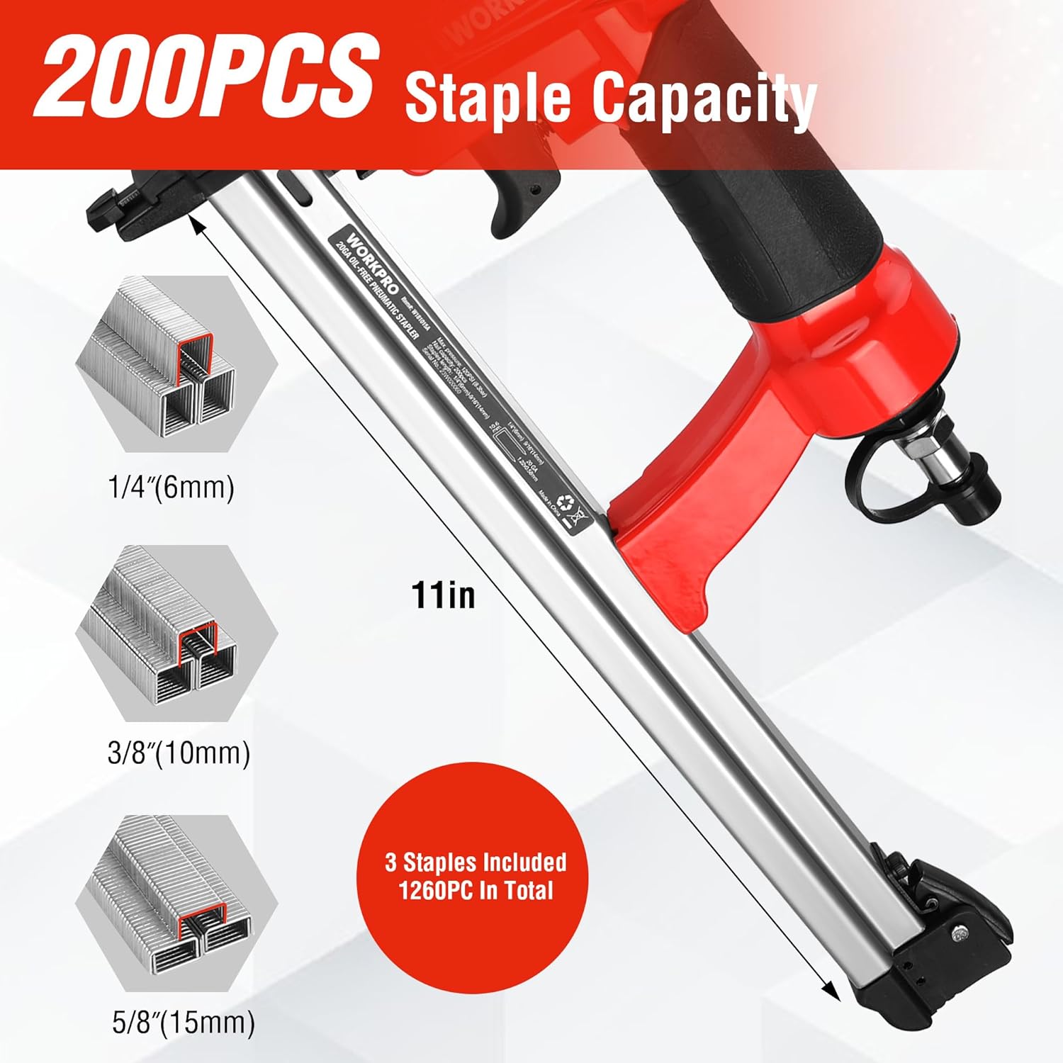 Red and black pneumatic staple gun with long magazine and adjustable staple depth guide