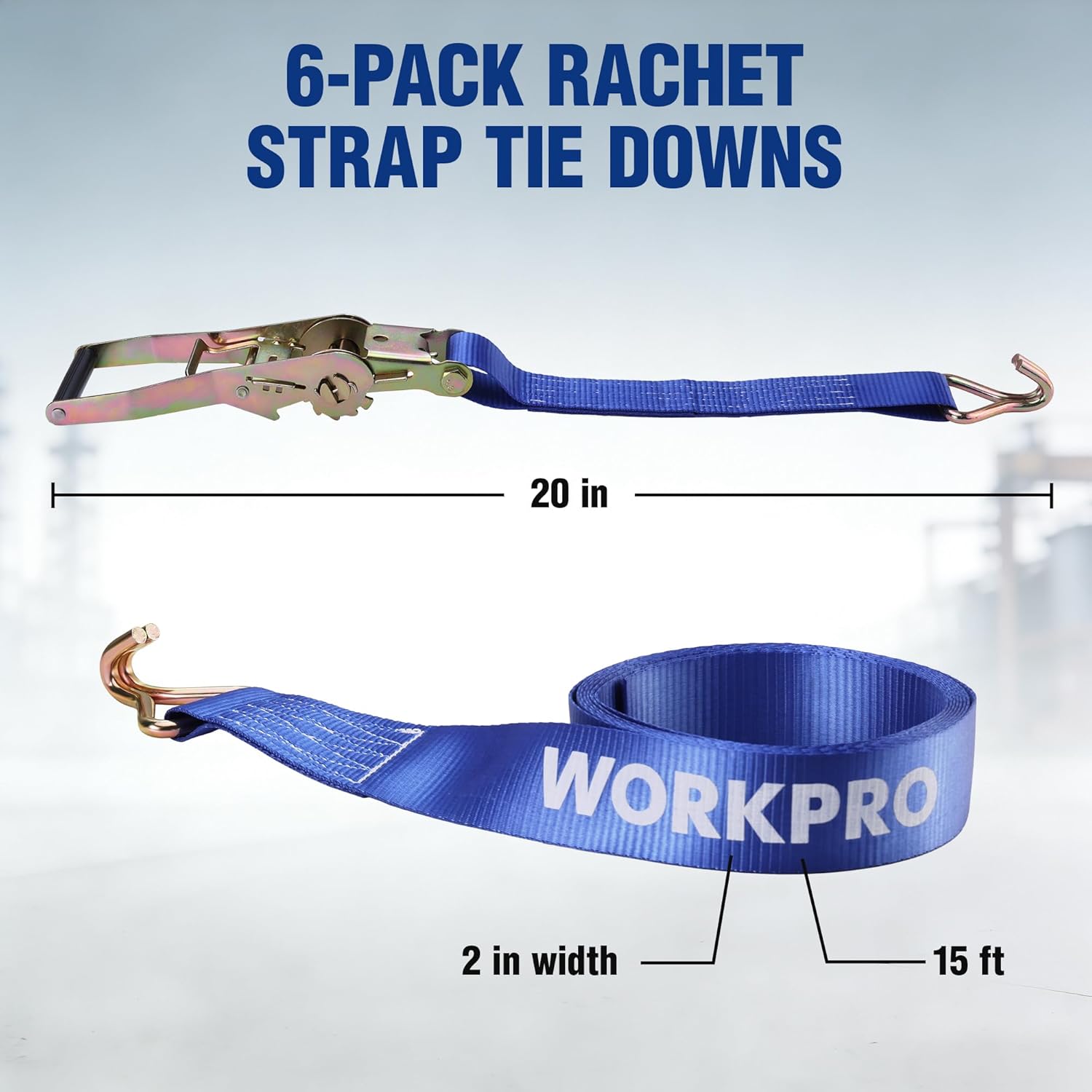 Blue ratchet tie-down strap with WORKPRO webbing, ratchet bar, and hook end