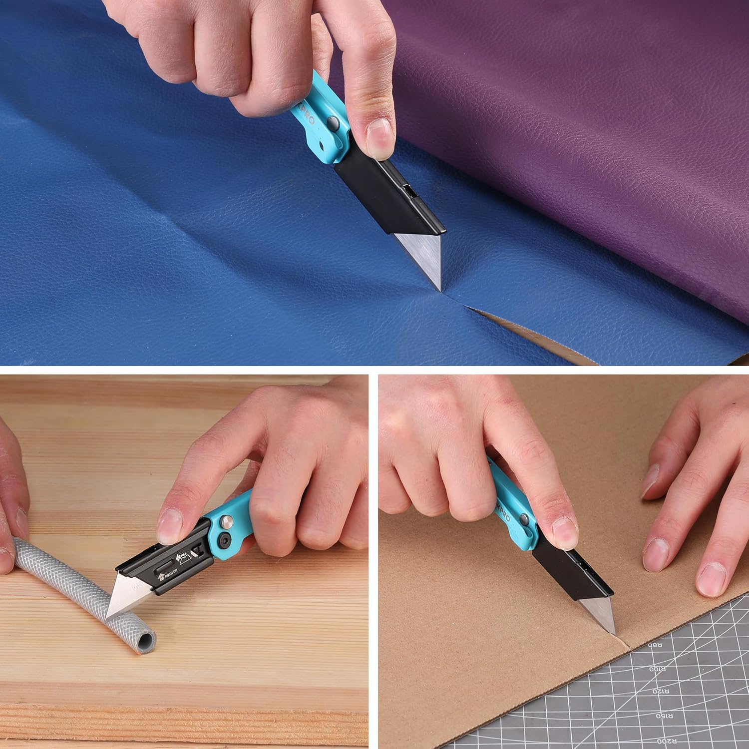 Turquoise folding utility knife cutting cardboard and upholstery fabric