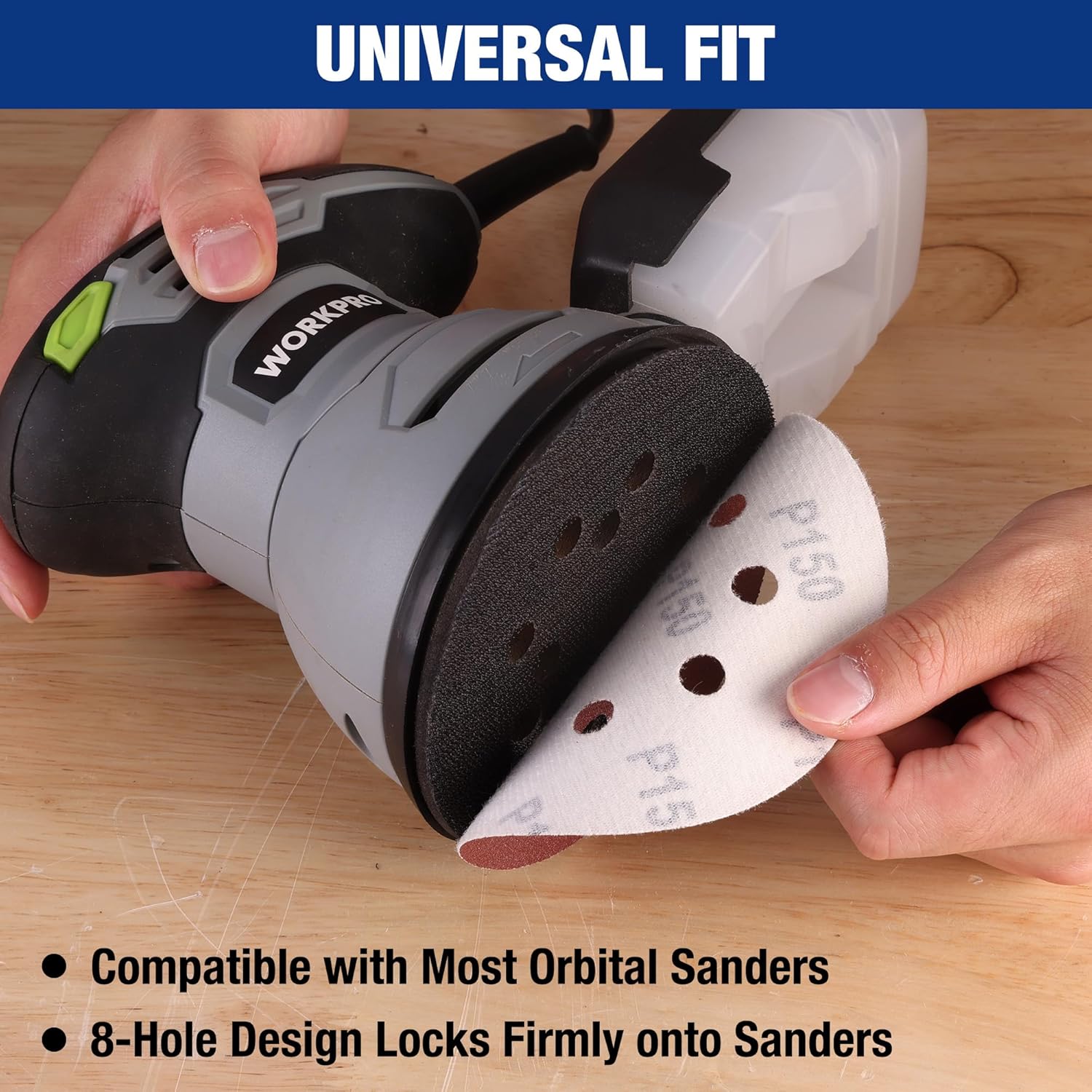 Maroon 8-hole sanding disc mounted on an orbital sander pad