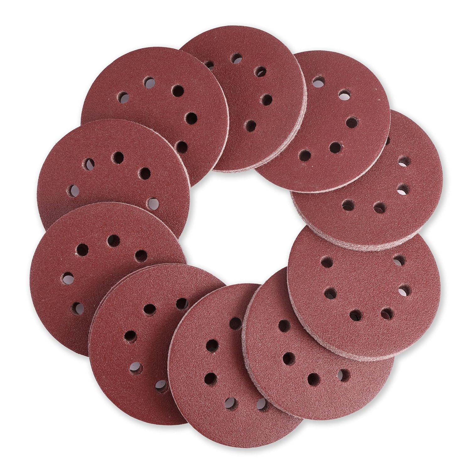 Set of hook-and-loop sanding discs, red-brown, round with 8 dust holes