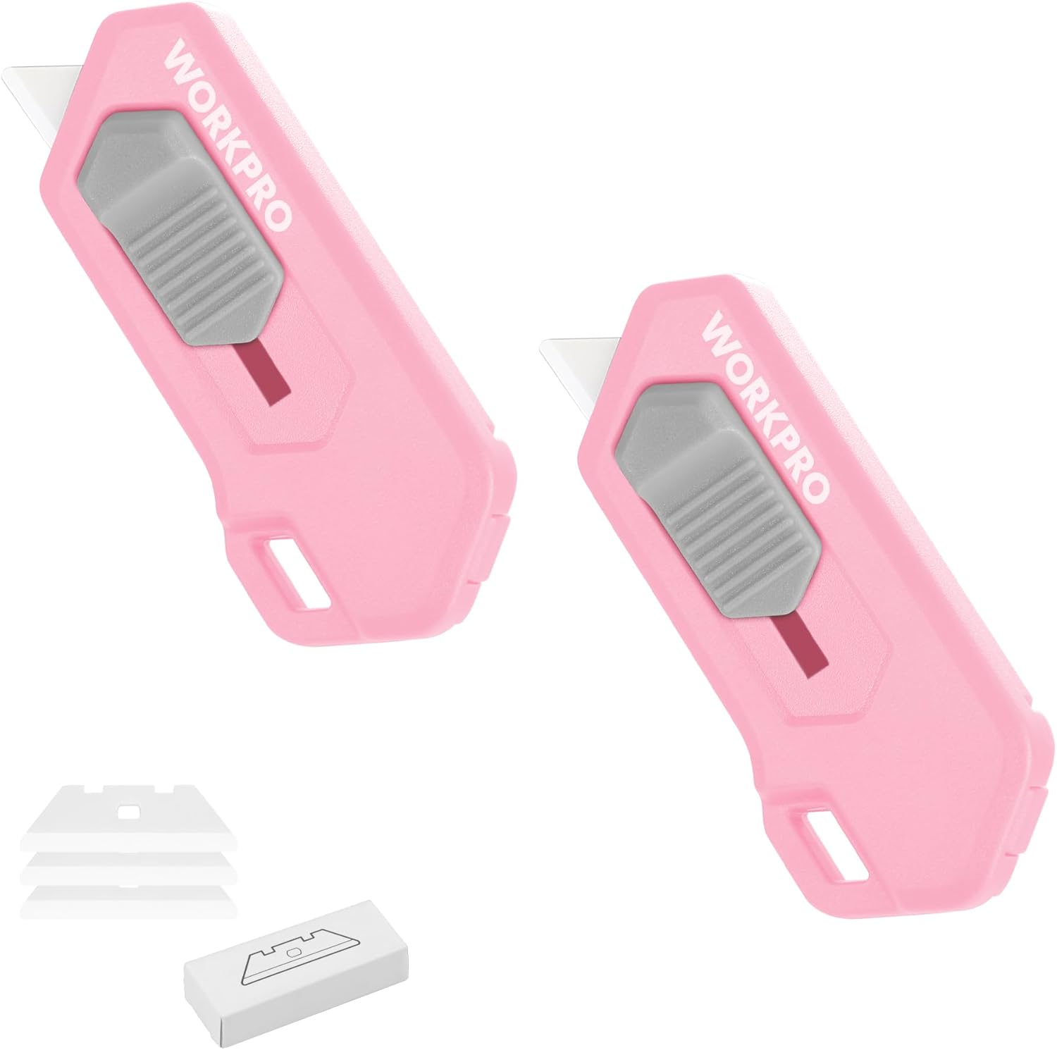 Two pink safety box cutters with gray blade covers and corner slot