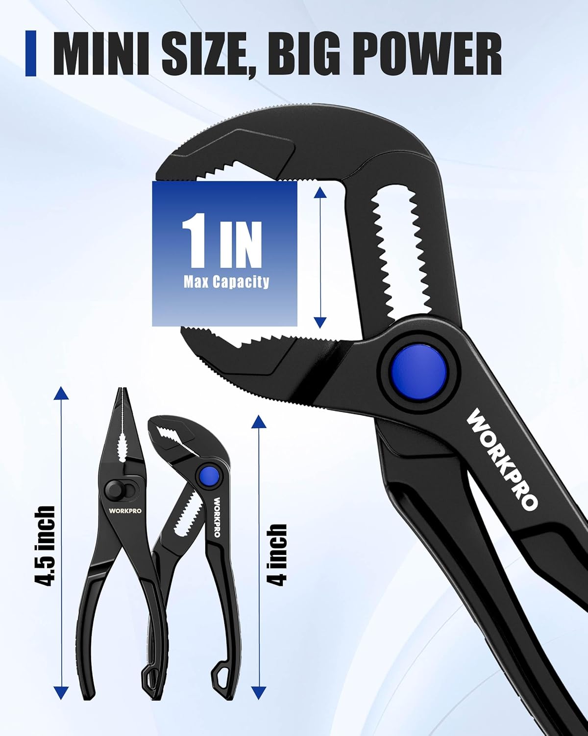 Black adjustable water pump plier with serrated jaws and blue thumb knob