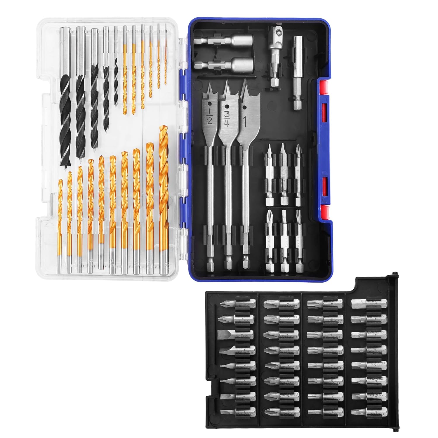 66-piece drill bit and screwdriver bit set with 1/4-inch hex shank, in open storage case