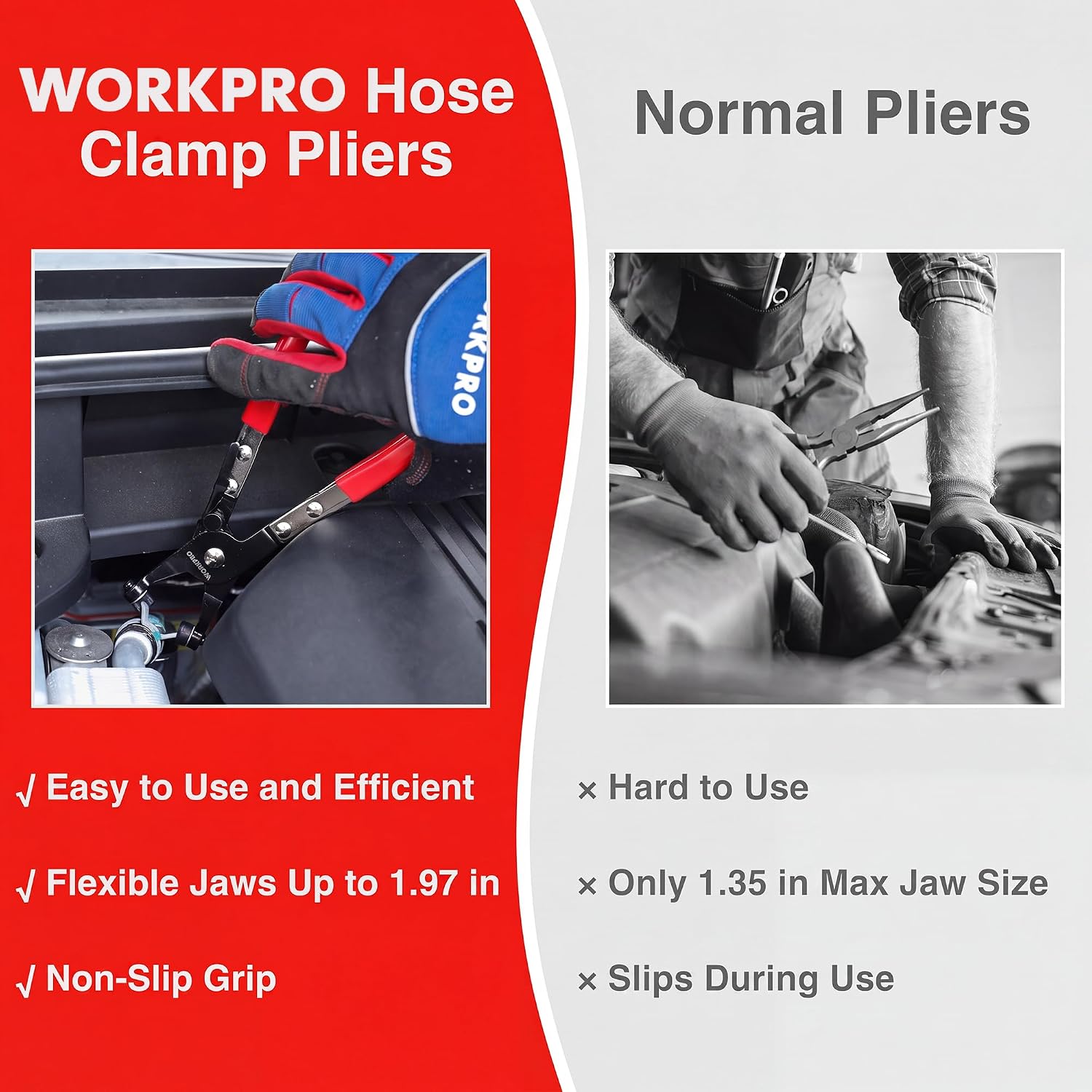 WORKPRO hose clamp pliers with red handles and black jaw mechanism for spring clamps