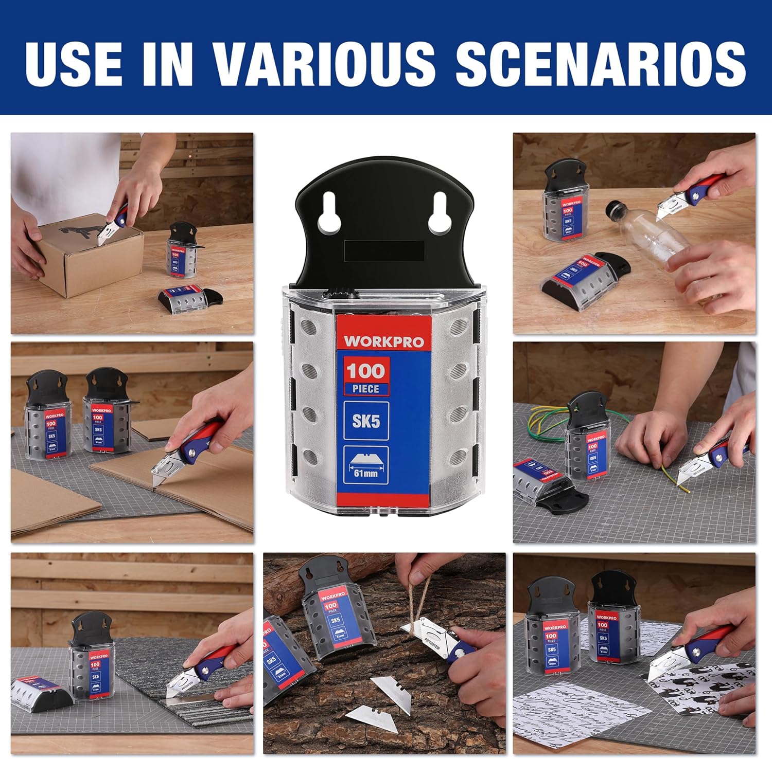 Utility knife blade dispenser with SK5 blades and multiple cutter tools
