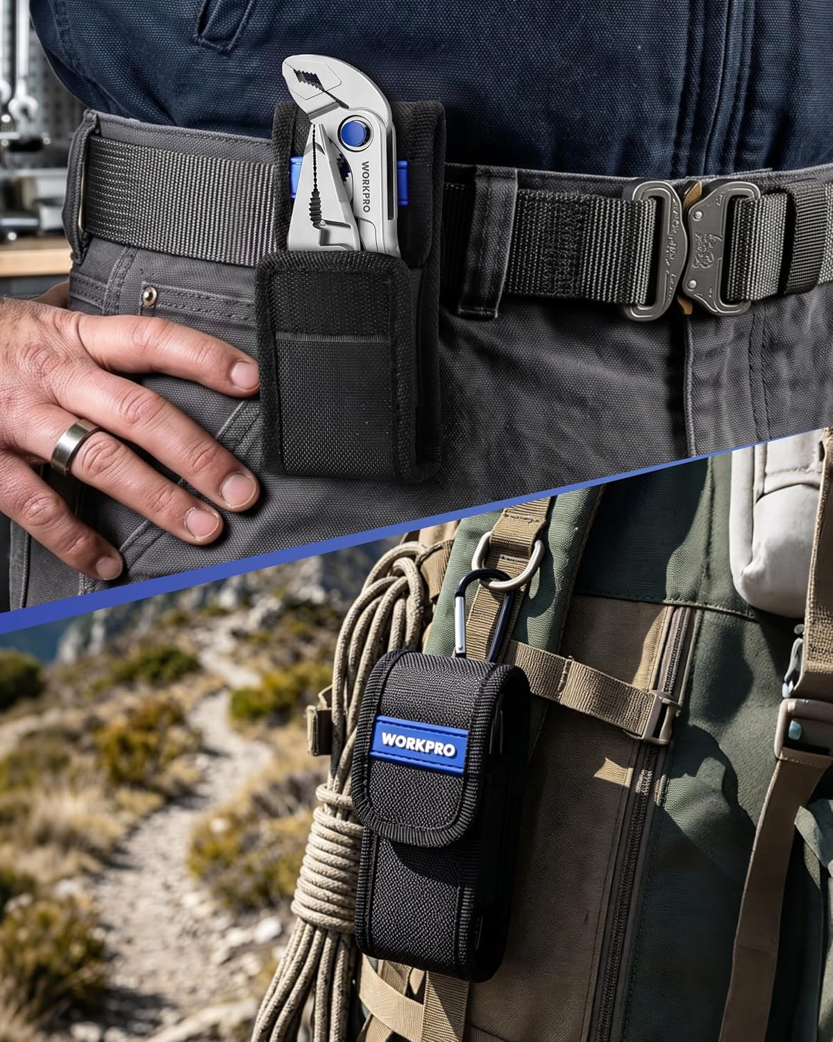 Mini pliers secured in black belt pouch on a work belt with D-ring attachment