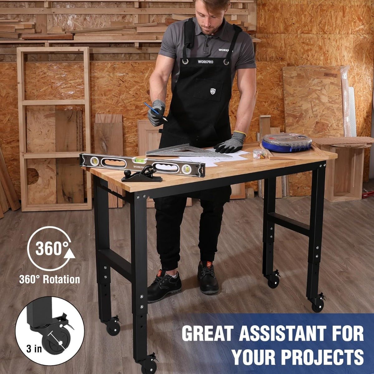 Height-adjustable workbench with rubber wood top, black steel legs, and rolling casters