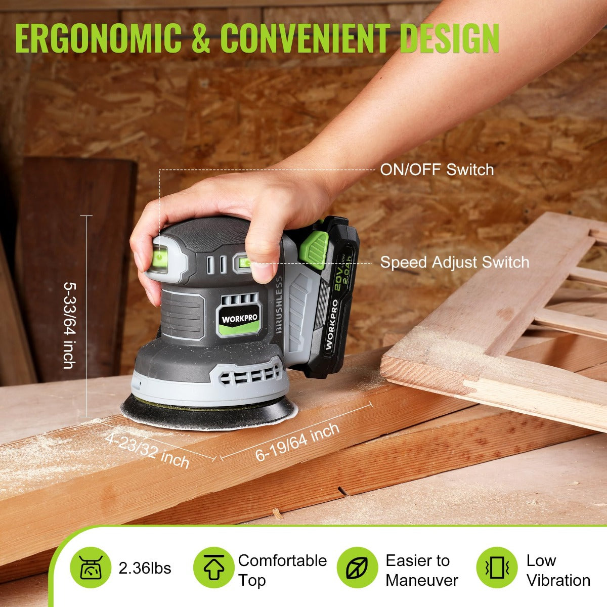 Cordless orbital sander with on/off and speed adjust switches and ergonomic handle