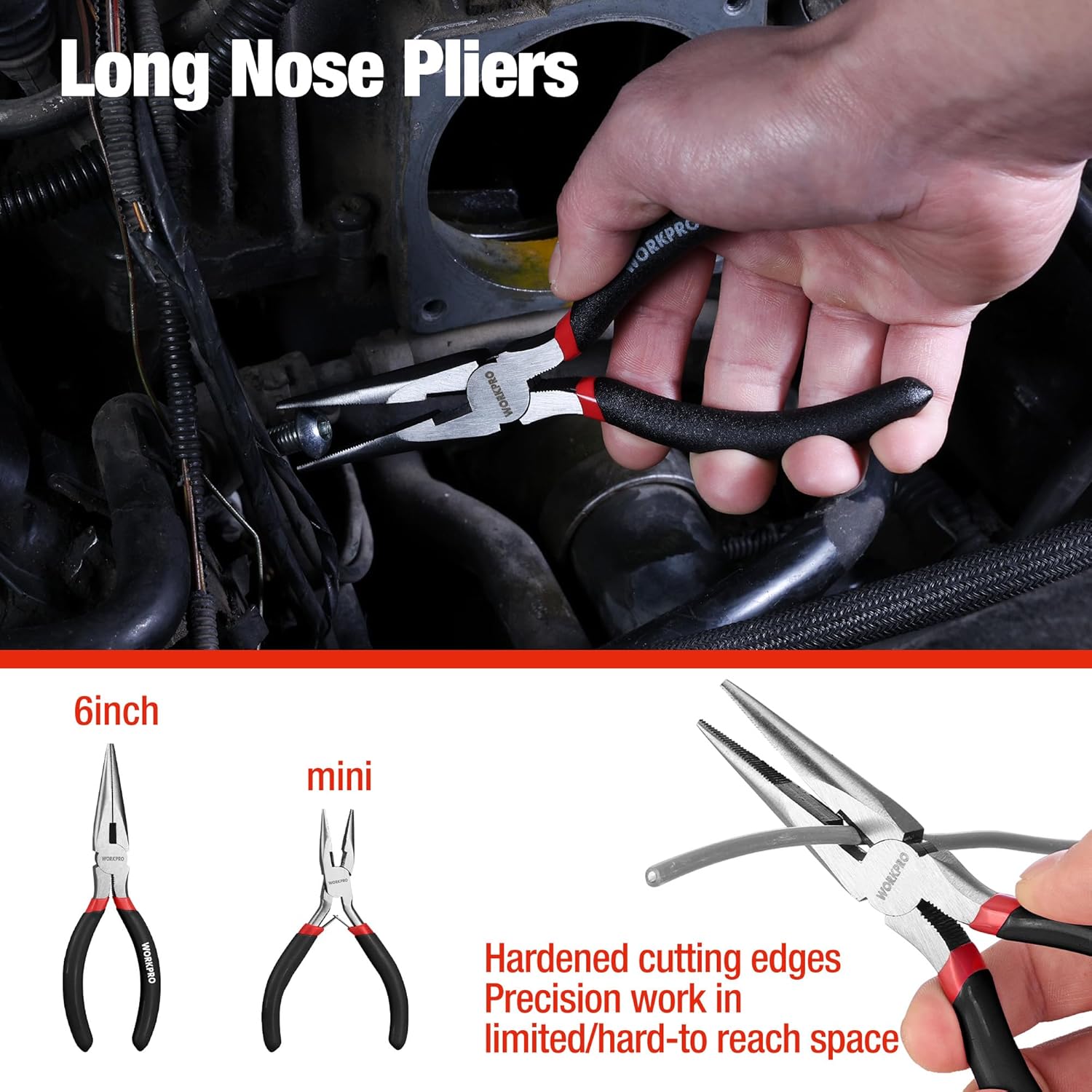 Long nose pliers with pointed jaws and black-and-red handle for reaching spaces
