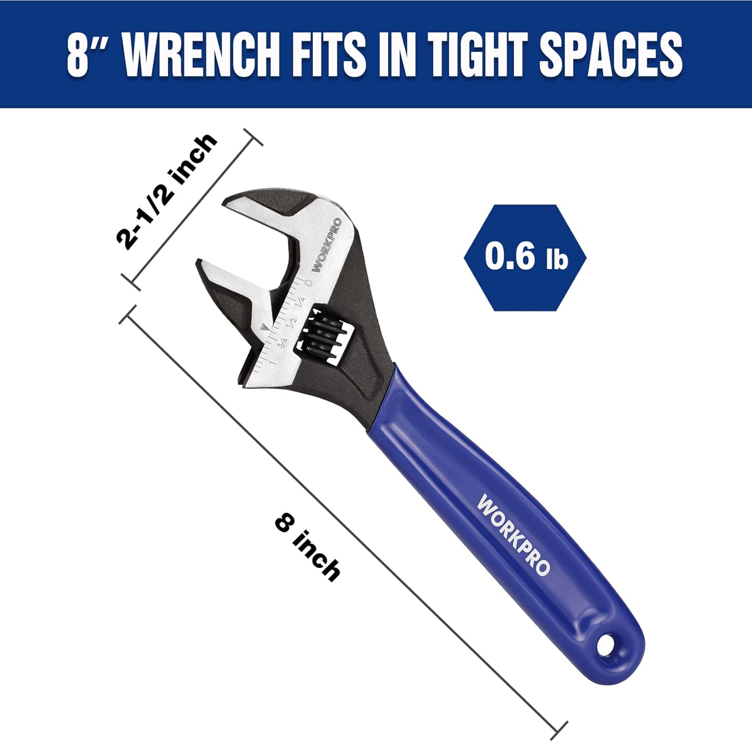 8-inch adjustable wrench with compact head for tight spaces and blue handle