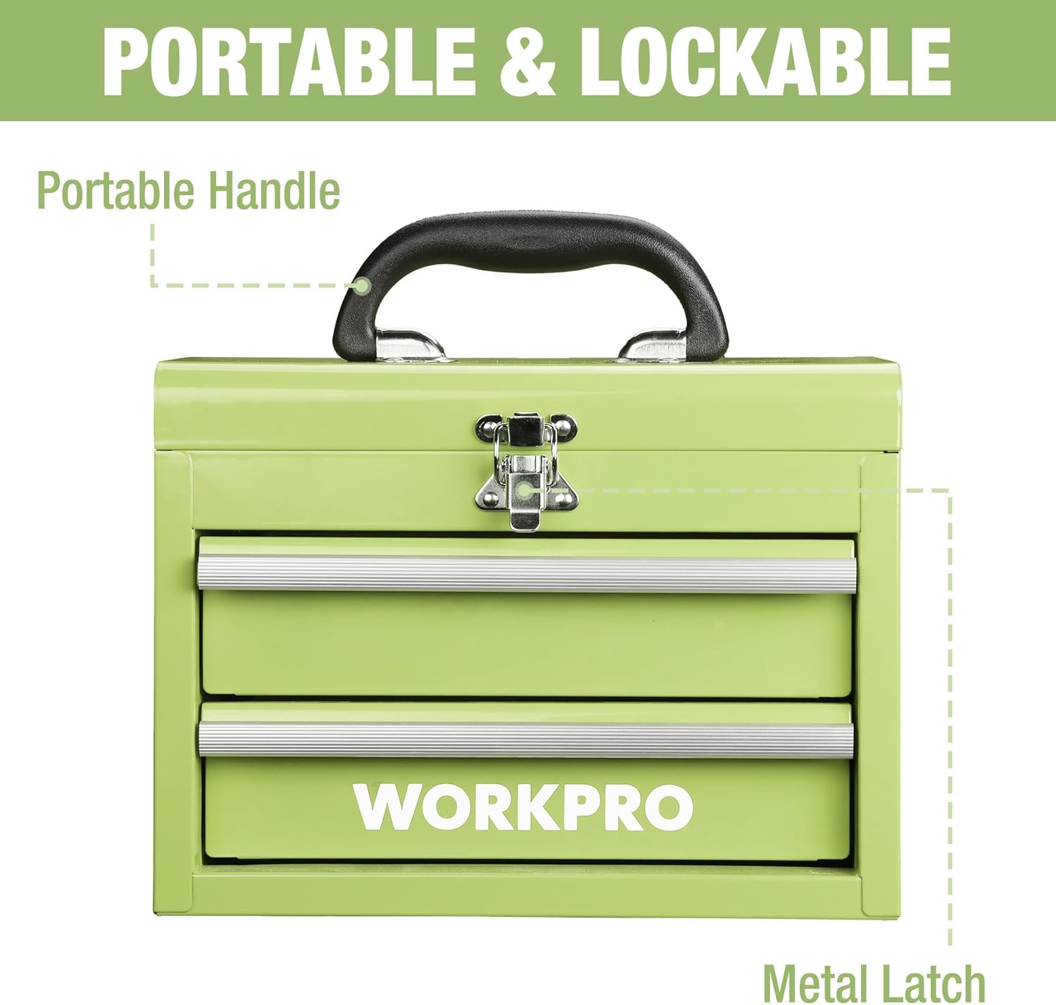 Portable mini metal tool box, lime green with black ergonomic handle and metal latch, two drawers