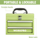 WORKPRO Portable Mini Tool Box, 2 Drawers Metal Tool Chest with Ball Bearing Slides, Top Storagewith Latch, Ergonomic Carrying Handle, Mechanic Toolbox with PVC Liners and PP Feet Pads