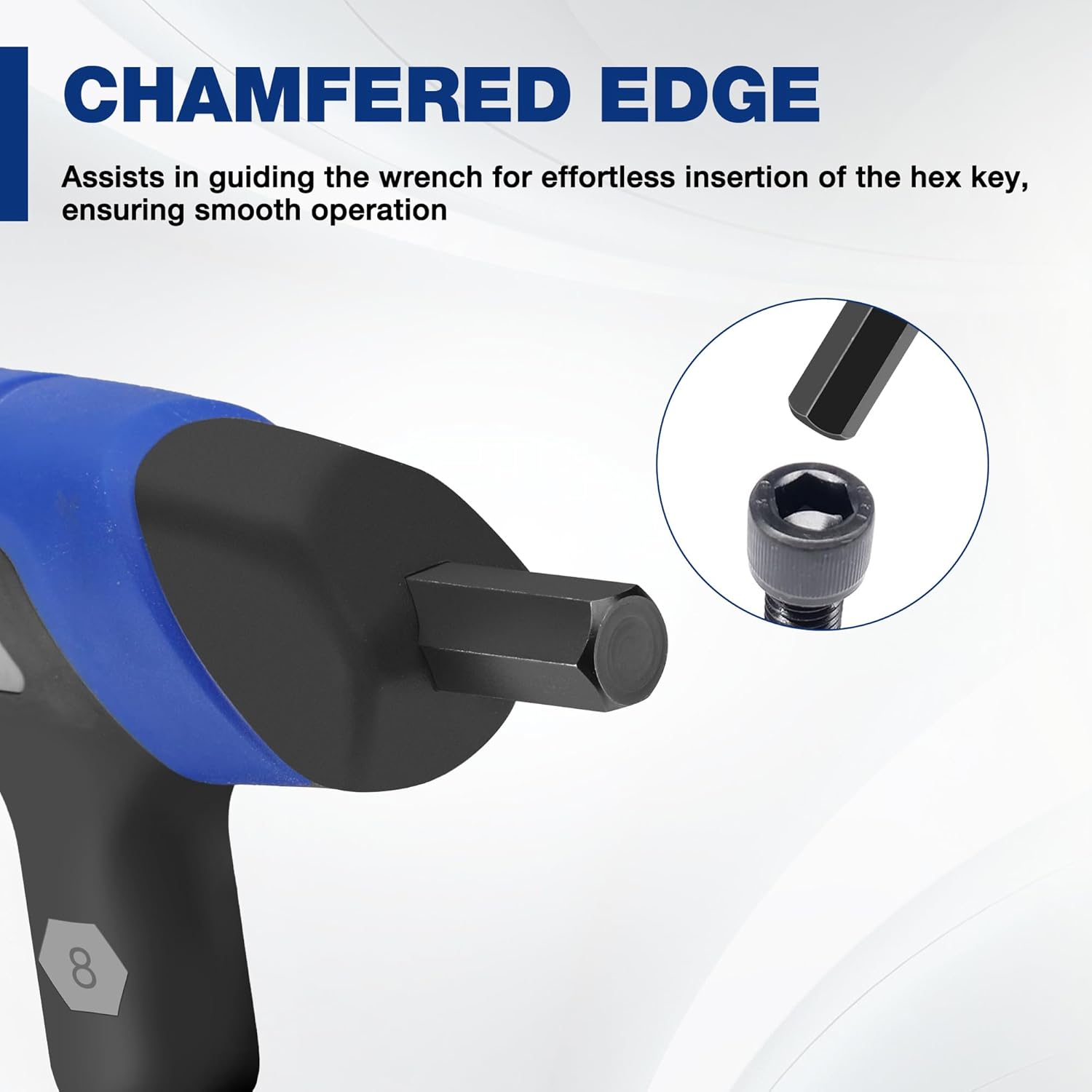 Blue and black T-handle hex wrench with chamfered tip for smooth insertion